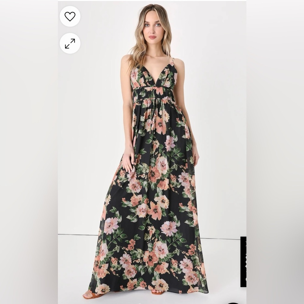 Lulu's Gorgeous Moments Black Floral Print Sleeveless Maxi Dress sz small
